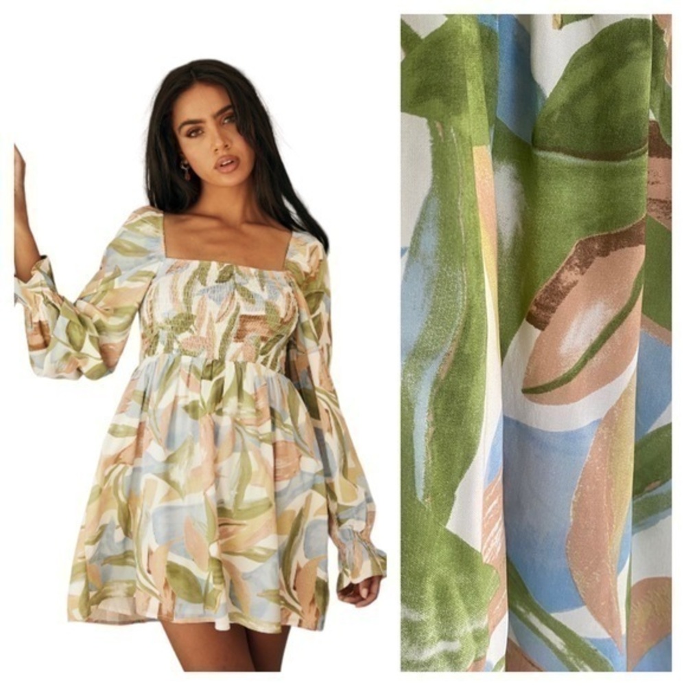 Girl And The Sun Green Blue Tropical Palm Leaf Print Smocked Mini Dress Medium